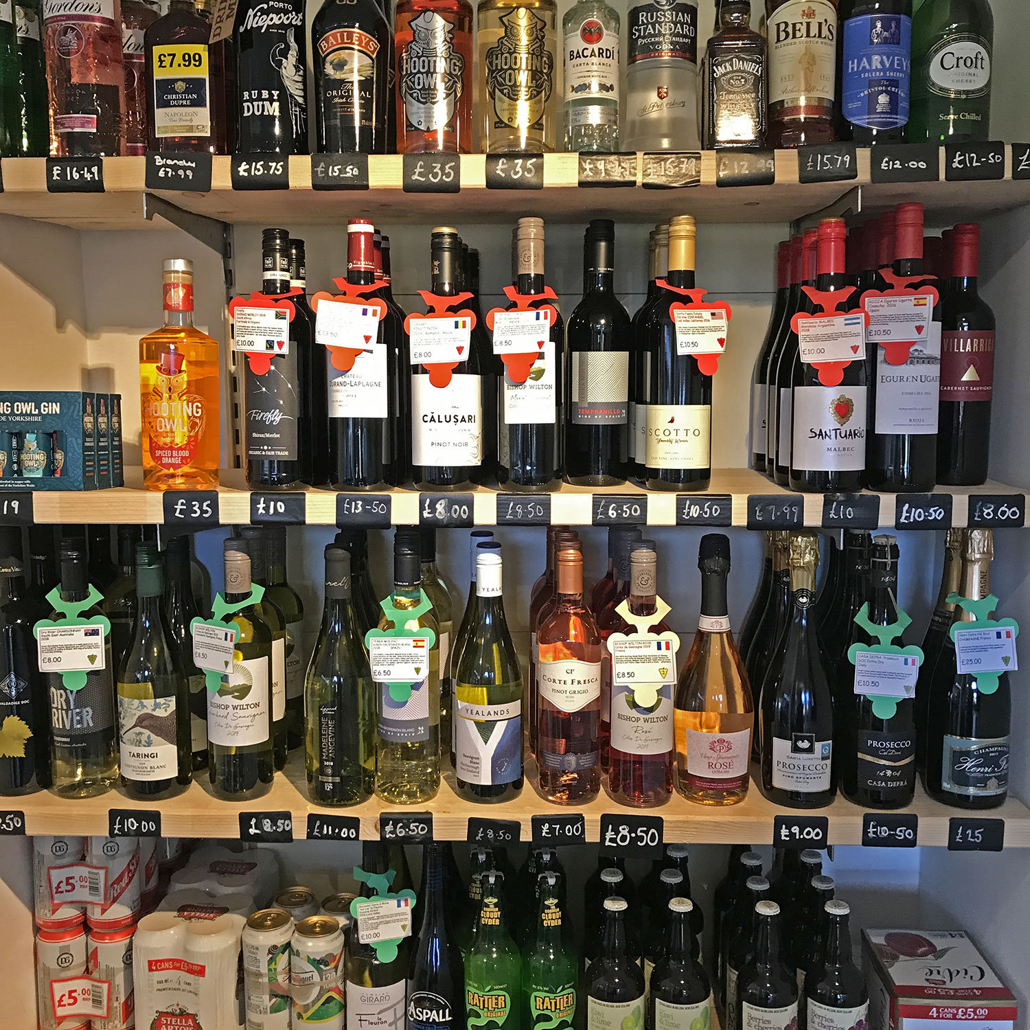 We stock a wide selection of wines, beers, ciders and spirits, including local gin and beer.