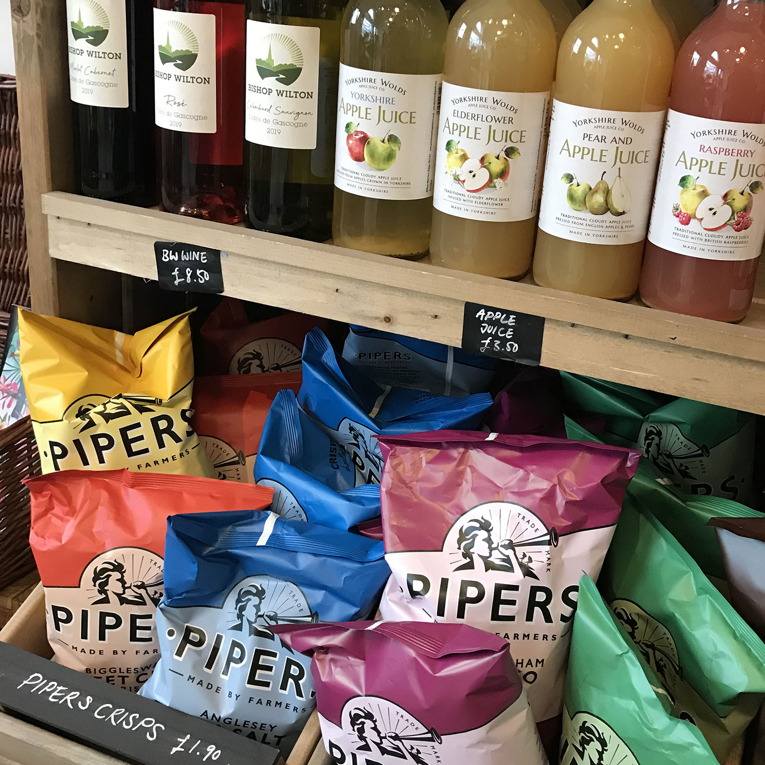 Pipers Crisps, Bishop Wilton Shop Wine and Yorkshire Wolds Apple Juice.
